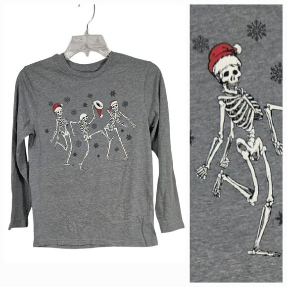 Boys 10/12 Christmas Shirt Santa Skeletons Dancing Floss Dance Backpack Kid Gray - Picture 1 of 9